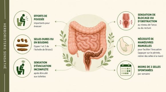Principaux signes de constipation  selles dures, efforts de poussée et évacuation incomplète - Herboristerie Sensathé
